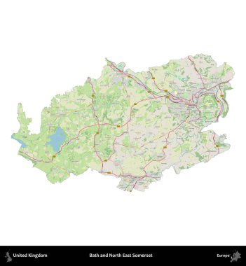 Bath ve Kuzey Doğu Somerset. Birleşik Krallık 'ın idari alanı bir OpenStreetMap Alman stili haritasında beyazda izole edildi