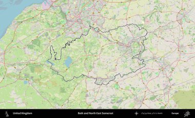 Bath ve Kuzey Doğu Somerset. Bir OpenStreetMap Alman stil haritasında Birleşik Krallık 'ın özetlenmiş idari alanı