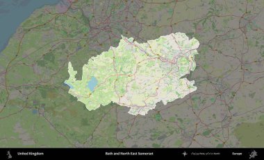 Bath ve Kuzey Doğu Somerset. Birleşik Krallık 'ın idari alanı karartılmış bir OpenStreetMap tarzı Alman haritasına vurgulanmış ve özetlenmiştir