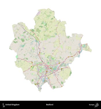 Bedford. Birleşik Krallık 'ın idari alanı bir OpenStreetMap Alman stili haritasında beyazda izole edildi