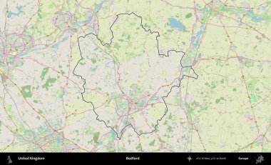Bedford. Bir OpenStreetMap Alman stil haritasında Birleşik Krallık 'ın özetlenmiş idari alanı