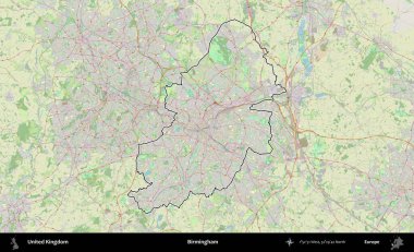 Birmingham. Bir OpenStreetMap Alman stil haritasında Birleşik Krallık 'ın özetlenmiş idari alanı