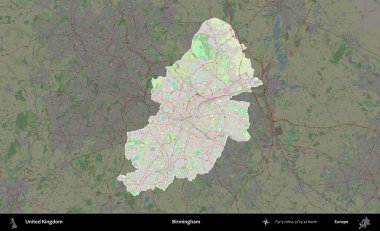 Birmingham. Birleşik Krallık 'ın idari alanı karartılmış bir OpenStreetMap tarzı Alman haritasına vurgulanmış ve özetlenmiştir