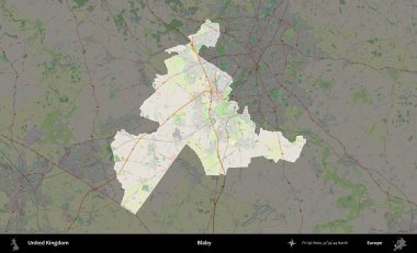 Blaby. Birleşik Krallık 'ın idari alanı karartılmış bir OpenStreetMap tarzı Alman haritasına vurgulanmış ve özetlenmiştir