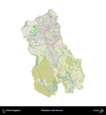 Blackburn ve Darwen. Birleşik Krallık 'ın idari alanı bir OpenStreetMap Alman stili haritasında beyazda izole edildi