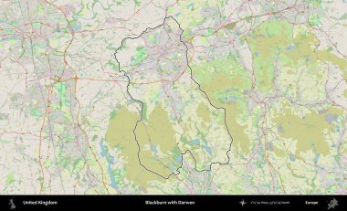 Blackburn ve Darwen. Bir OpenStreetMap Alman stil haritasında Birleşik Krallık 'ın özetlenmiş idari alanı