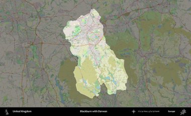 Blackburn ve Darwen. Birleşik Krallık 'ın idari alanı karartılmış bir OpenStreetMap tarzı Alman haritasına vurgulanmış ve özetlenmiştir