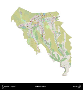 Blaenau Gwent. Birleşik Krallık 'ın idari alanı bir OpenStreetMap Alman stili haritasında beyazda izole edildi