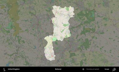 Bolsover. Birleşik Krallık 'ın idari alanı karartılmış bir OpenStreetMap tarzı Alman haritasına vurgulanmış ve özetlenmiştir