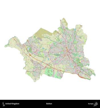 Bolton. Birleşik Krallık 'ın idari alanı bir OpenStreetMap Alman stili haritasında beyazda izole edildi
