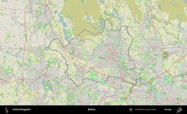 Bolton. Bir OpenStreetMap Alman stil haritasında Birleşik Krallık 'ın özetlenmiş idari alanı