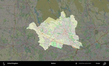 Bolton. Birleşik Krallık 'ın idari alanı karartılmış bir OpenStreetMap tarzı Alman haritasına vurgulanmış ve özetlenmiştir