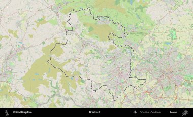 Bradford. Bir OpenStreetMap Alman stil haritasında Birleşik Krallık 'ın özetlenmiş idari alanı