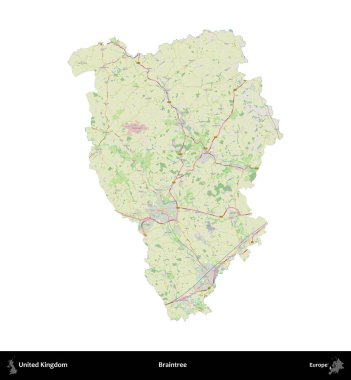Braintree. Birleşik Krallık 'ın idari alanı bir OpenStreetMap Alman stili haritasında beyazda izole edildi