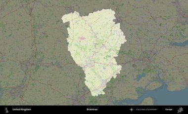 Braintree. Birleşik Krallık 'ın idari alanı karartılmış bir OpenStreetMap tarzı Alman haritasına vurgulanmış ve özetlenmiştir