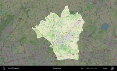 Brentwood 'da. Birleşik Krallık 'ın idari alanı karartılmış bir OpenStreetMap tarzı Alman haritasına vurgulanmış ve özetlenmiştir