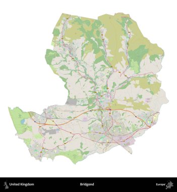 Bridgend. Birleşik Krallık 'ın idari alanı bir OpenStreetMap Alman stili haritasında beyazda izole edildi