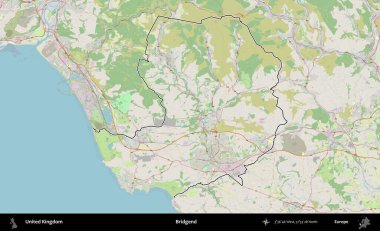Bridgend. Bir OpenStreetMap Alman stil haritasında Birleşik Krallık 'ın özetlenmiş idari alanı