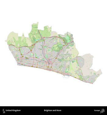 Brighton ve Hove. Birleşik Krallık 'ın idari alanı bir OpenStreetMap Alman stili haritasında beyazda izole edildi