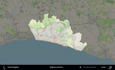 Brighton ve Hove. Birleşik Krallık 'ın idari alanı karartılmış bir OpenStreetMap tarzı Alman haritasına vurgulanmış ve özetlenmiştir