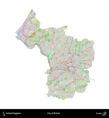 Bristol şehri. Birleşik Krallık 'ın idari alanı bir OpenStreetMap Alman stili haritasında beyazda izole edildi