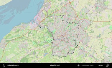 Bristol şehri. Bir OpenStreetMap Alman stil haritasında Birleşik Krallık 'ın özetlenmiş idari alanı