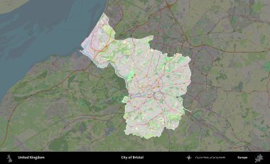 Bristol şehri. Birleşik Krallık 'ın idari alanı karartılmış bir OpenStreetMap tarzı Alman haritasına vurgulanmış ve özetlenmiştir