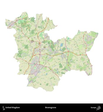 Bromsgrove 'da. Birleşik Krallık 'ın idari alanı bir OpenStreetMap Alman stili haritasında beyazda izole edildi