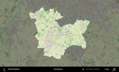 Bromsgrove 'da. Birleşik Krallık 'ın idari alanı karartılmış bir OpenStreetMap tarzı Alman haritasına vurgulanmış ve özetlenmiştir