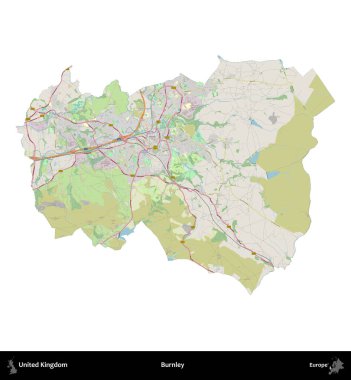 Burnley. Birleşik Krallık 'ın idari alanı bir OpenStreetMap Alman stili haritasında beyazda izole edildi
