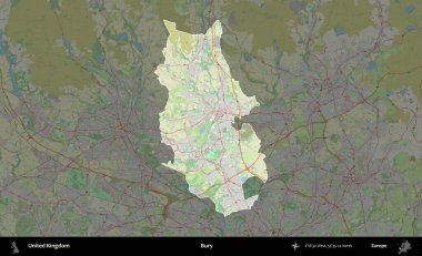Gömmek. Birleşik Krallık 'ın idari alanı karartılmış bir OpenStreetMap tarzı Alman haritasına vurgulanmış ve özetlenmiştir