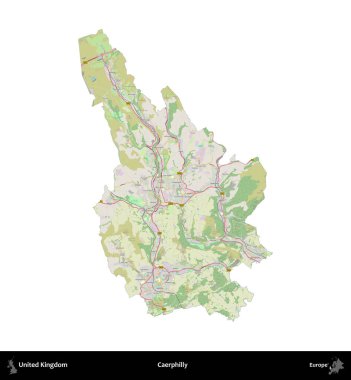 Caerphilly 'de. Birleşik Krallık 'ın idari alanı bir OpenStreetMap Alman stili haritasında beyazda izole edildi