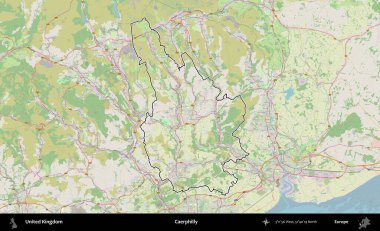 Caerphilly 'de. Bir OpenStreetMap Alman stil haritasında Birleşik Krallık 'ın özetlenmiş idari alanı