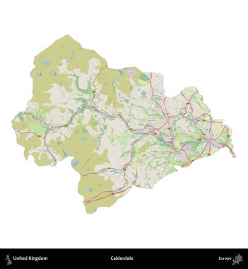Calderdale 'de. Birleşik Krallık 'ın idari alanı bir OpenStreetMap Alman stili haritasında beyazda izole edildi