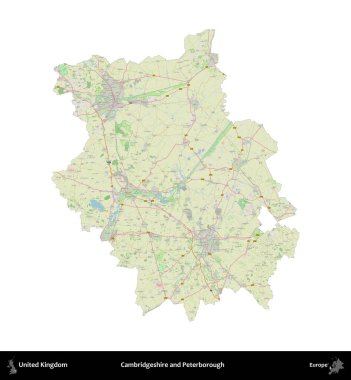 Cambridgeshire ve Peterborough. Birleşik Krallık 'ın idari alanı bir OpenStreetMap Alman stili haritasında beyazda izole edildi