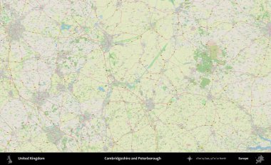 Cambridgeshire ve Peterborough. Bir OpenStreetMap Alman stil haritası üzerinde Birleşik Krallık 'ın idari alanı