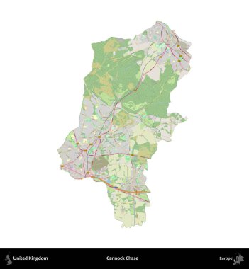 Cannock Chase. Birleşik Krallık 'ın idari alanı bir OpenStreetMap Alman stili haritasında beyazda izole edildi
