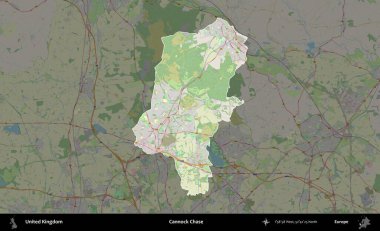 Cannock Chase. Birleşik Krallık 'ın idari alanı karartılmış bir OpenStreetMap tarzı Alman haritasına vurgulanmış ve özetlenmiştir