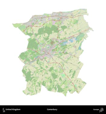 Canterbury 'de. Birleşik Krallık 'ın idari alanı bir OpenStreetMap Alman stili haritasında beyazda izole edildi