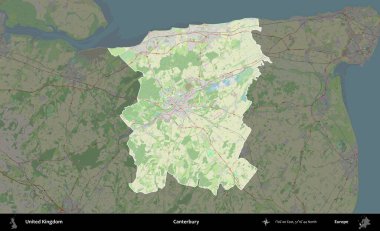 Canterbury 'de. Birleşik Krallık 'ın idari alanı karartılmış bir OpenStreetMap tarzı Alman haritasına vurgulanmış ve özetlenmiştir
