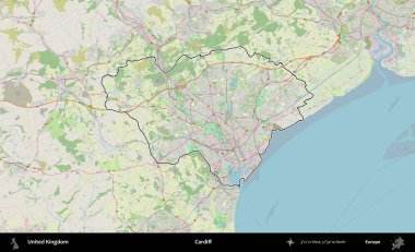 Cardiff. Bir OpenStreetMap Alman stil haritasında Birleşik Krallık 'ın özetlenmiş idari alanı