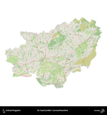 Sör Gaerfyrddin / Carmarthenshire. Birleşik Krallık 'ın idari alanı bir OpenStreetMap Alman stili haritasında beyazda izole edildi