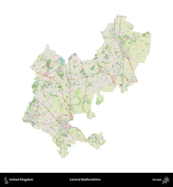 Bedfordshire Merkez. Birleşik Krallık 'ın idari alanı bir OpenStreetMap Alman stili haritasında beyazda izole edildi