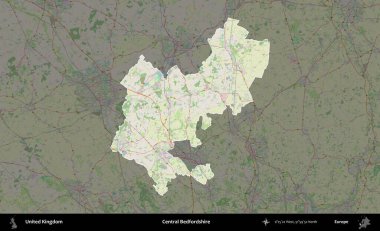 Bedfordshire Merkez. Birleşik Krallık 'ın idari alanı karartılmış bir OpenStreetMap tarzı Alman haritasına vurgulanmış ve özetlenmiştir