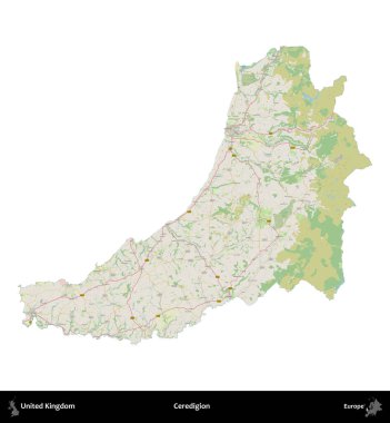 Ceredigion. Birleşik Krallık 'ın idari alanı bir OpenStreetMap Alman stili haritasında beyazda izole edildi