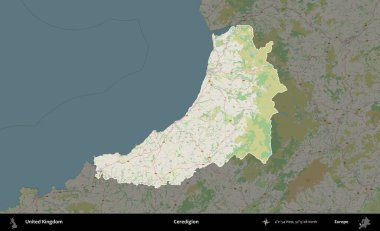 Ceredigion. Birleşik Krallık 'ın idari alanı karartılmış bir OpenStreetMap tarzı Alman haritasına vurgulanmış ve özetlenmiştir