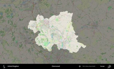 Charnwood 'da. Birleşik Krallık 'ın idari alanı karartılmış bir OpenStreetMap tarzı Alman haritasına vurgulanmış ve özetlenmiştir