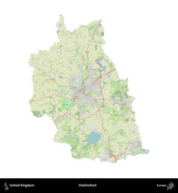 Chelmsford 'da. Birleşik Krallık 'ın idari alanı bir OpenStreetMap Alman stili haritasında beyazda izole edildi