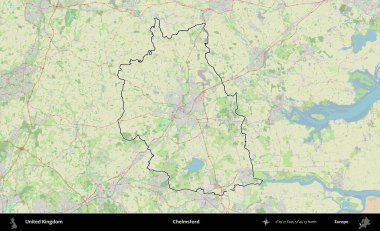 Chelmsford 'da. Bir OpenStreetMap Alman stil haritasında Birleşik Krallık 'ın özetlenmiş idari alanı