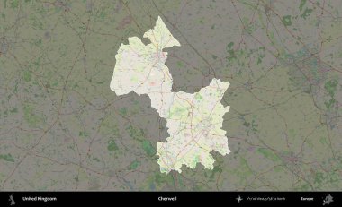 Cherwell. Birleşik Krallık 'ın idari alanı karartılmış bir OpenStreetMap tarzı Alman haritasına vurgulanmış ve özetlenmiştir